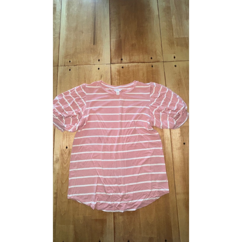 Time and Tru Pink White Striped Puff Sleeve Top Womens Small‎ S 4-6
